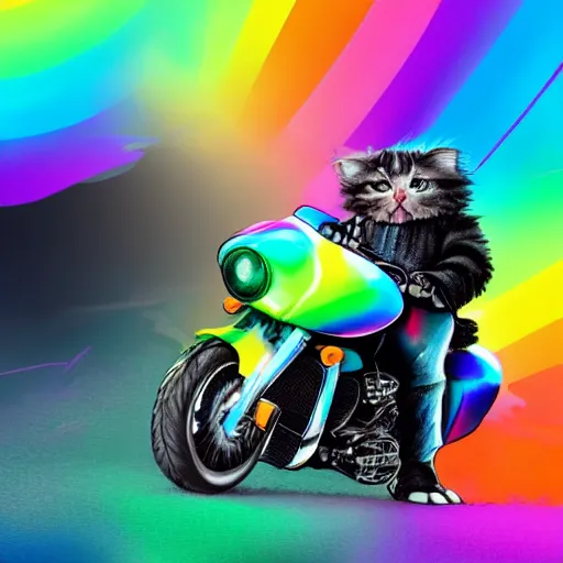 Image similar to wide angle full body, jacket wearing fluffy cute rainbow kitten wearing a black leather motorcycle jacket, riding on a motorcycle, cinematic concept art