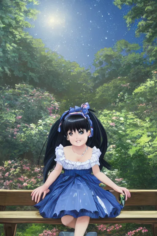 Image similar to a beautiful hyperdetailed portrait render of black - haired little girl in a blue lolita dress with stars and petticoat sitting on a bench in a botanical garden, atmospheric lighting, style of makoto shinkai, raphael lacoste