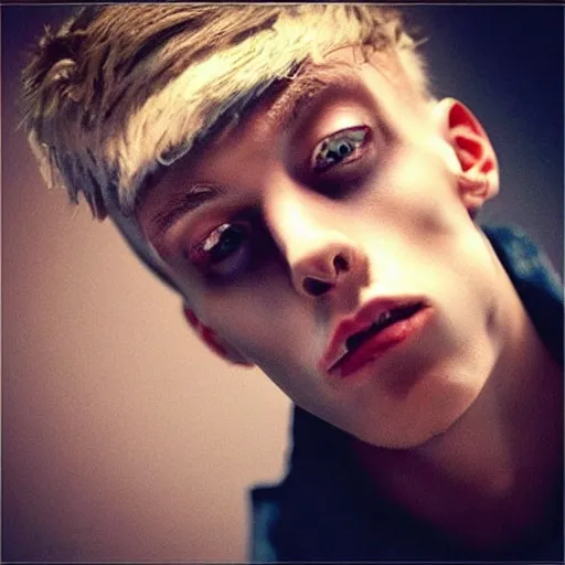 Image similar to “a realistic detailed photo of a guy who is an attractive humanoid who is half robot and half humanoid, who is a male android, rapper Machine Gun Kelly, shiny skin, posing like a statue, blank stare”