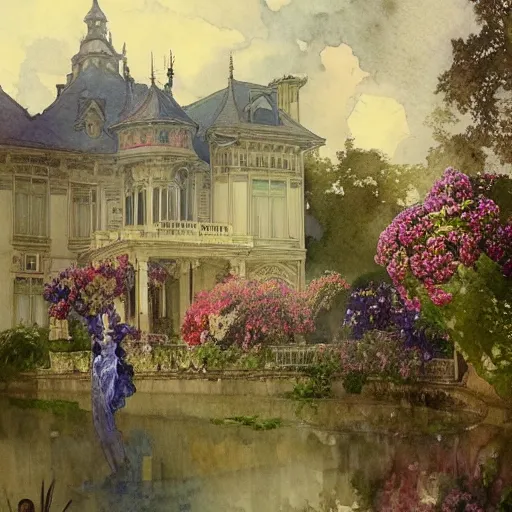 Image similar to a beautifull intricate watercolour painting of a mansion with many flowers, reflexions, verry high details by william turner art, greg rutkowski and alphonse mucha, trending on artstation, very very detailed, masterpiece, - h 7 0 4