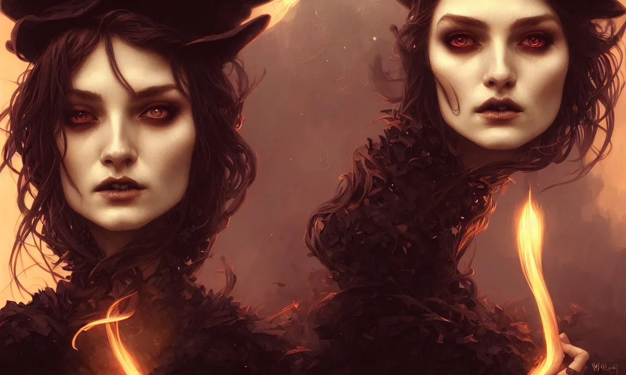 Image similar to A smoking witch closeup filled background around face, fantasy magic, undercut hairstyle, dark light night, intricate, elegant, sharp focus, illustration, highly detailed, digital painting, concept art, matte, art by WLOP and Artgerm and Greg Rutkowski and Alphonse Mucha, masterpiece