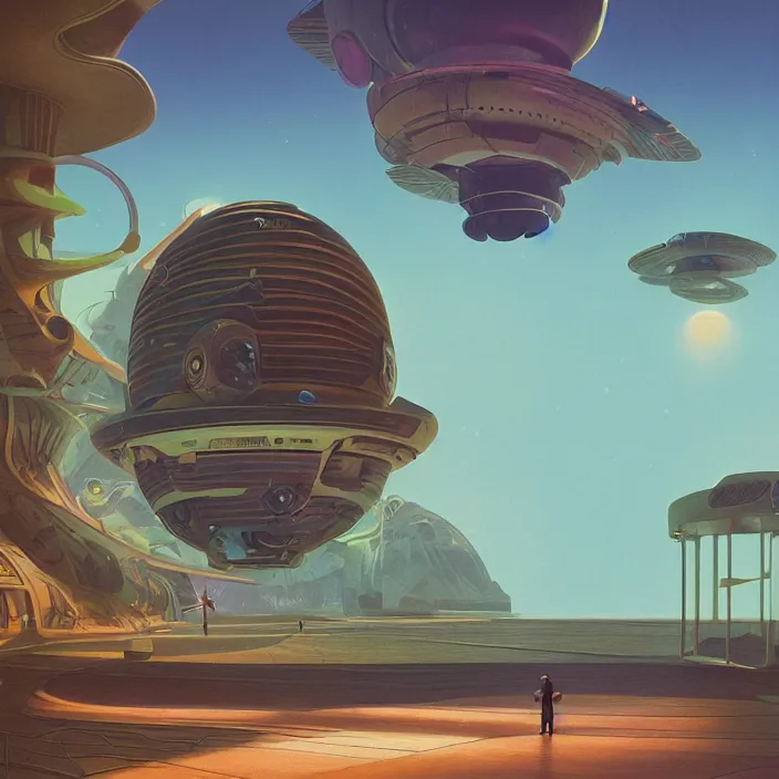 Image similar to tropical spacecraft, science fiction, extremely detailed, pastel colors, intricate, hard light, illustration, volumetric lighting, digital painting, by roger dean, by santiago calatrava, by simon stalenhag