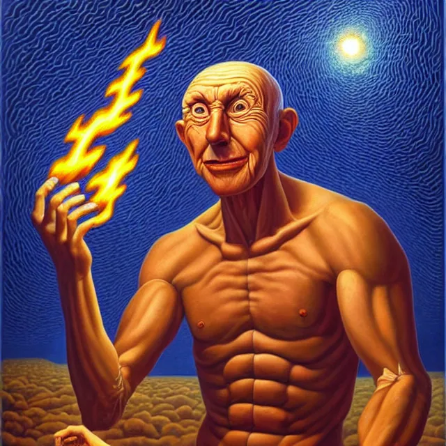 Image similar to an oil on canvas portrait of his body was like beryl, his face like the appearance of lightning, his eyes like flaming torches, his arms and legs like the gleam of burnished bronze, surrealism, surrealist, lovecraftian, cosmic horror, rob gonsalves, high detail