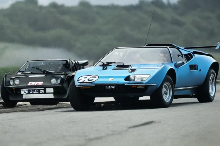 Image similar to 1975 De Tomaso, Lotus Europa!!, BMW M1, Pantera ((Countach)), movie still, speed, cinematic Eastman 5384 film