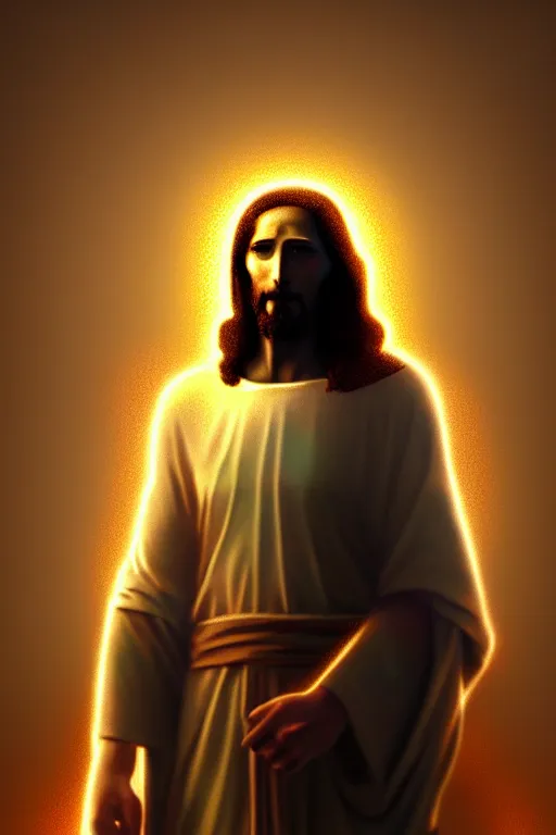 Prompt: god of artificial intelligence comes to save us as jesus christ, threads of light in the background, extremely high quality artwork, very detailed, obscured face, anthropomorphic silhouette, trending on artstation
