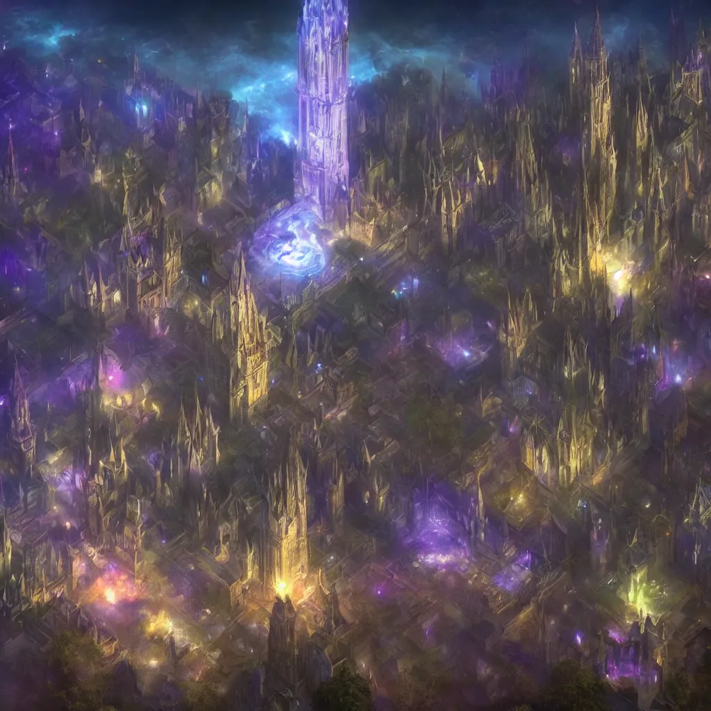 Prompt: huge towering magical university, extreme drama, distant glowing figures, hdr, movie still, fully photorealistic, artstation, beautiful concept art, sharp luminescent focus, nd 6, sony fx 6, glowing luminescent invocations