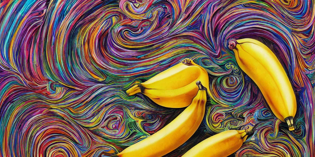 Image similar to banana hat, acrylic on canvas, realism movement, breathtaking detailed, by android jones, alex grey, chris dyer, and aaron brooks, photorealistic