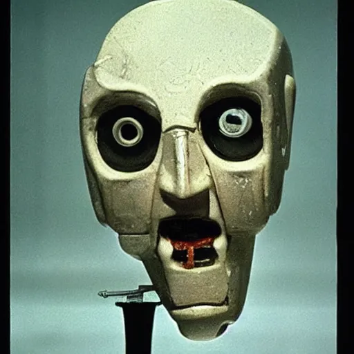 Image similar to Possession (1981) movie by Andrzej Żuławski, movie still, robot head and man head, dop