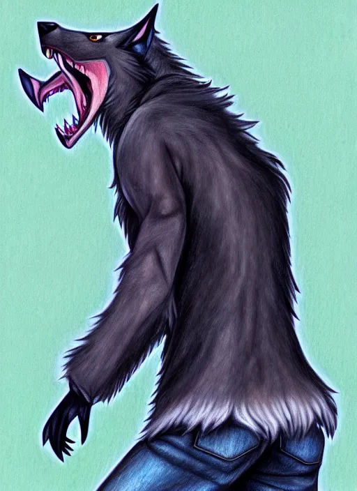 Image similar to expressive stylized master furry artist digital colored pencil painting full body portrait character study of the wolf ( sergal ) small head fursona animal person wearing clothes jacket and jeans by master furry artist blotch