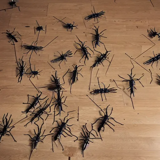 Image similar to a hallucination of spindly insects on the ceiling and hardwood floor