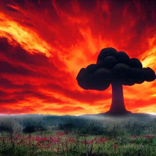 Image similar to mushroom cloud with red sky ’ s