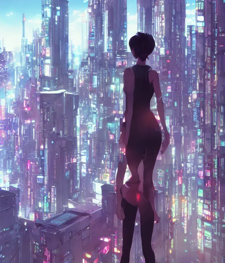 Image similar to a girl stands on top of a multi-storey building, anime style, 4k, cyberpunk city in the background, HD, artstation, very detailed, by Ilya Kuvshinov