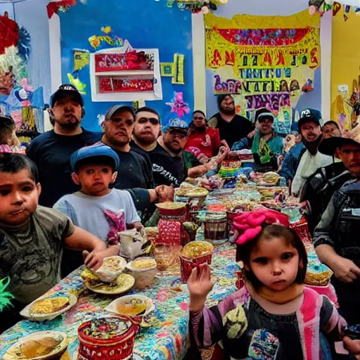 Prompt: wide-angle photo of the Juarez Cartel at a kid’s tea party, high detail, National Geographic 2022, award winning photography, 8k