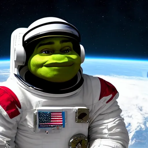 Image similar to astronaut photo of shrek in space suit holding helmet, American flag in background, photorealistic, portrait