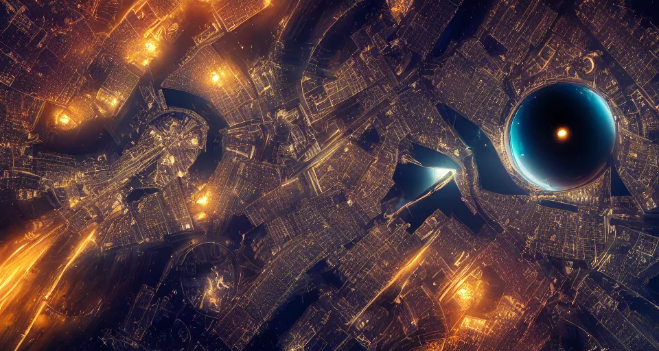 Prompt: a beautiful photograph of space city moskov city in orbit black hole, rectilinear, barometric projection, dutch angle from space view, concept art, high detail, intimidating, deep rich colors, iridescent radiance, epic scale ultrawide angle, stunning, epic, great migration, cinematic, Artstation trending, octane render, hyperrealistic, Cryengine 8k UHD