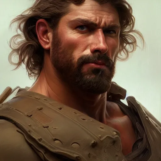 Image similar to portrait of a rugged ranger, muscular, upper body, 🍑 🍑 🍑 , D&D, fantasy, intricate, elegant, highly detailed, digital painting, artstation, concept art, smooth, sharp focus, illustration, art by artgerm and greg rutkowski and alphonse mucha