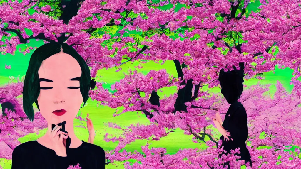 Image similar to close - up of a woman in a small group of people, a flower viewing picnic sakura, japan, a collage painting, in the style of wes anderson, lola dupre, david hockney, isolated on negative white space background dark monochrome neon fluorescent spraypaint accents volumetric octane render