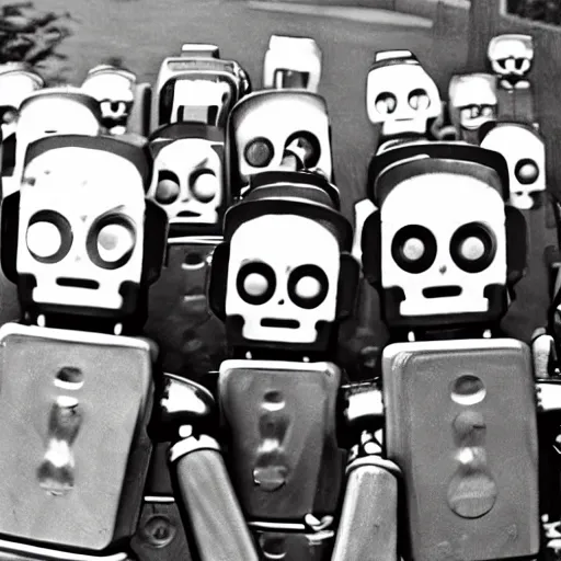 Image similar to in the style of 1960s, A scary robot is chasing after a bunch of scared kids down the street, fully detailed , fully detailed kids faces in focus