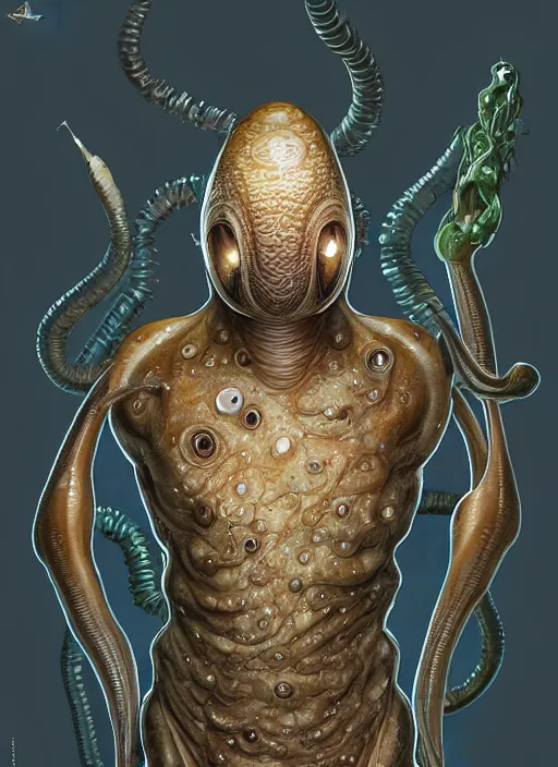 Image similar to full body picure of slimy mollusk as elon musk!!!, anthropomorphic character, drool, concept art, intricate, elegant, highly detailed, digital painting, artstation, wallpaper, smooth, sharp focus, illustration, art by giger and artgerm and greg rutkowski and alphonse mucha