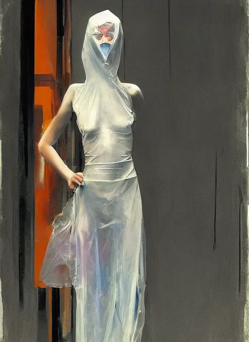 Prompt: beautiful cyberpunk woman in a translucent clothing made from plastic bag with paper bags for clothes standing inside paper bags with paper bag over the head at store display Edward Hopper and James Gilleard, Zdzislaw Beksinski, highly detailed