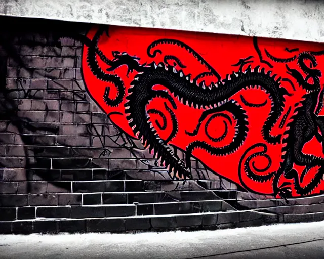 Prompt: a wall that has some lovecraftian graffiti on it inspired by wretched dragon rib cage. red and black colors.