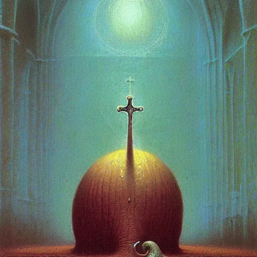 Prompt: a holy snail stands in a cathedral painting by beksinski, barlowe colors. masterpiece painting