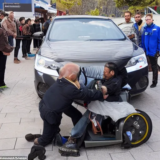 Image similar to car manipulator picks up one person from a queue of people looking for a store