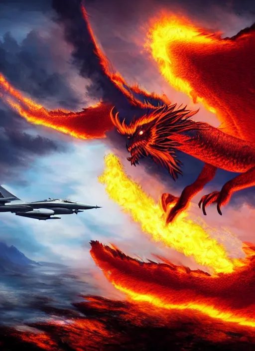 Image similar to a majestic firedragon king creature fighting a fighter jet, 8 k, magic realism, beautiful composition