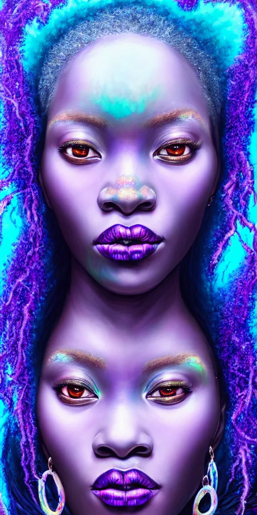 Image similar to hyperrealistic intricate close-up of beautiful african woman with purple hair and pearlescent blue skin hannah yata machiej kuciara dramatic neon lighting on one side