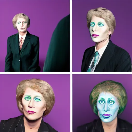 Image similar to corporate portrait, senior sales ceo executive vp, purple green color scheme, professional studio lighting, hyperreal detailed lifelike facial features, corporate portraiture shot by cindy sherman and david lynch