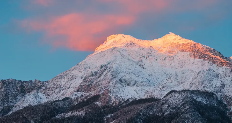 Image similar to professional photo of a snow topped mountain lit by the sunset