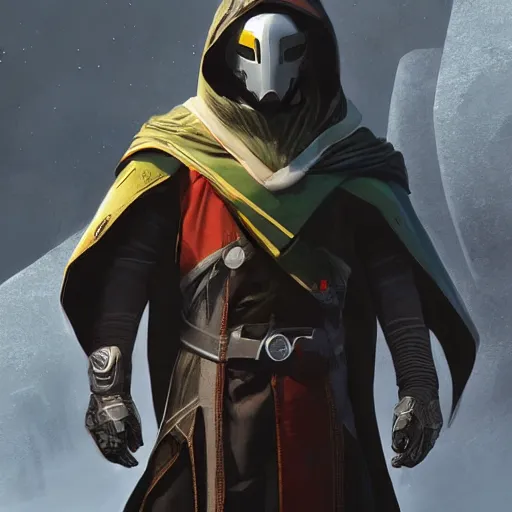 Image similar to destiny 2 concept armor for hunter male, hooded, cape, character portrait, realistic, cg art, artgerm, greg rutkowski