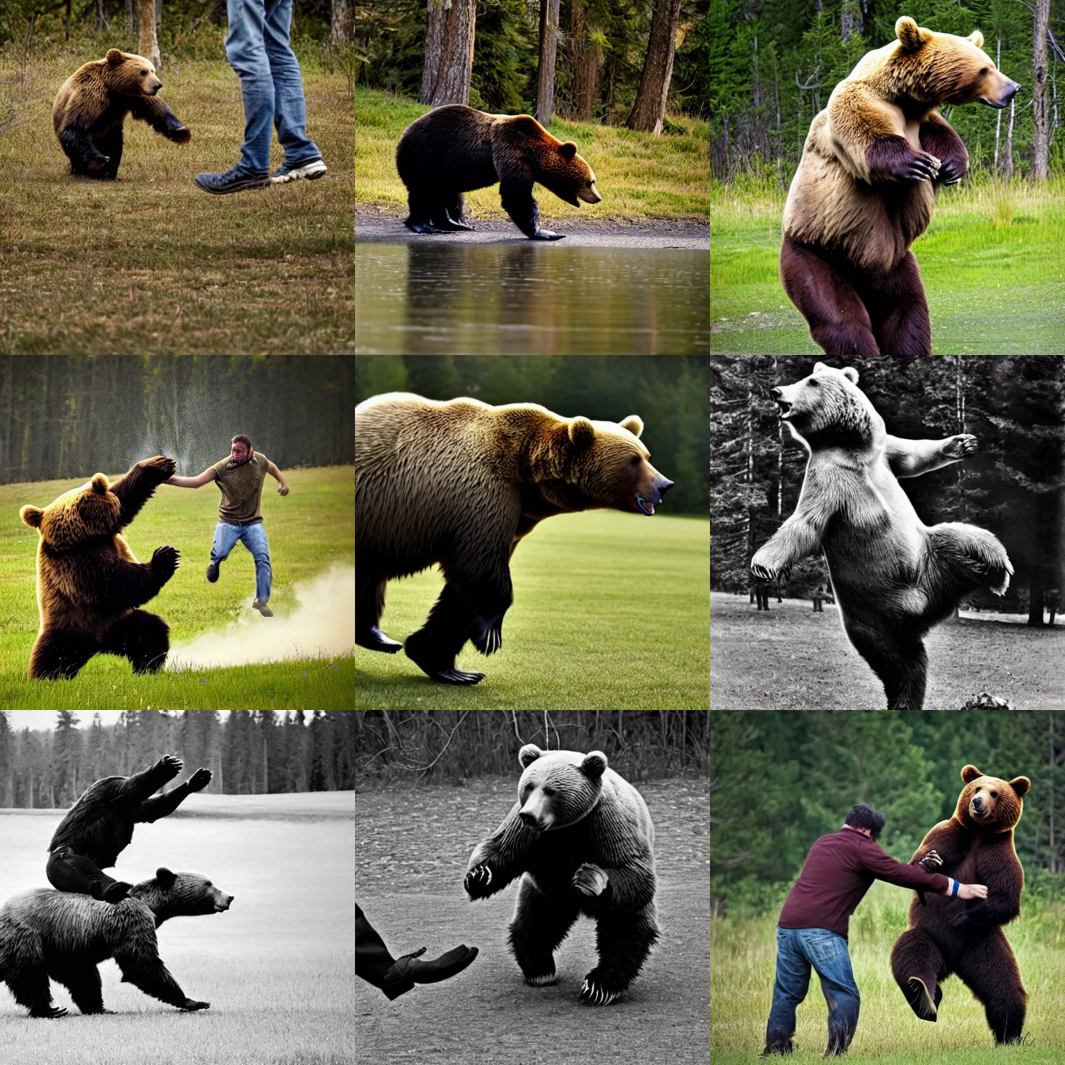 Image similar to photo, A man kicking a bear.