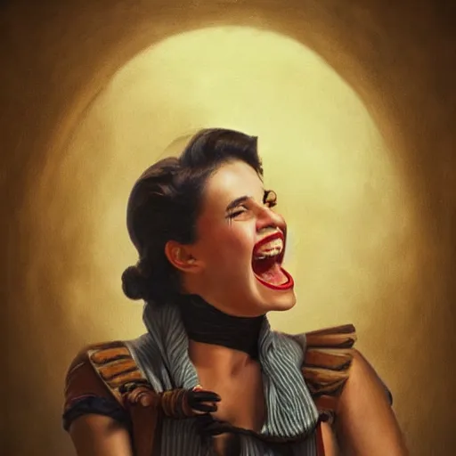 Image similar to oil painting, laughing, happy, beautiful, intelligent, tanned, female pirate captain 2 8 years old, 1 9 4 0 s haircut, fully clothed, wise, beautiful, masterful 1 8 0 0 s oil painting, dramatic lighting, sharp focus