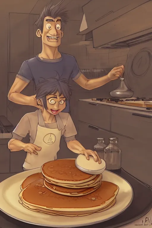 Image similar to mick cave making pancakes, animation pixar style, by pendleton ward, magali villeneuve, artgerm, rob rey and kentaro miura style, golden ratio, trending on art station