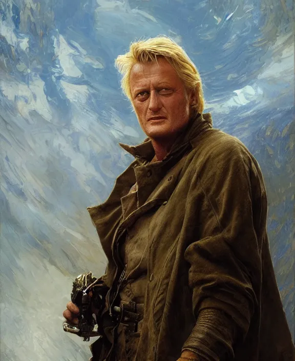 Image similar to portrait of rutger hauer, joyful, highly detailed painting by gaston bussiere, craig mullins, j. c. leyendecker 8 k,