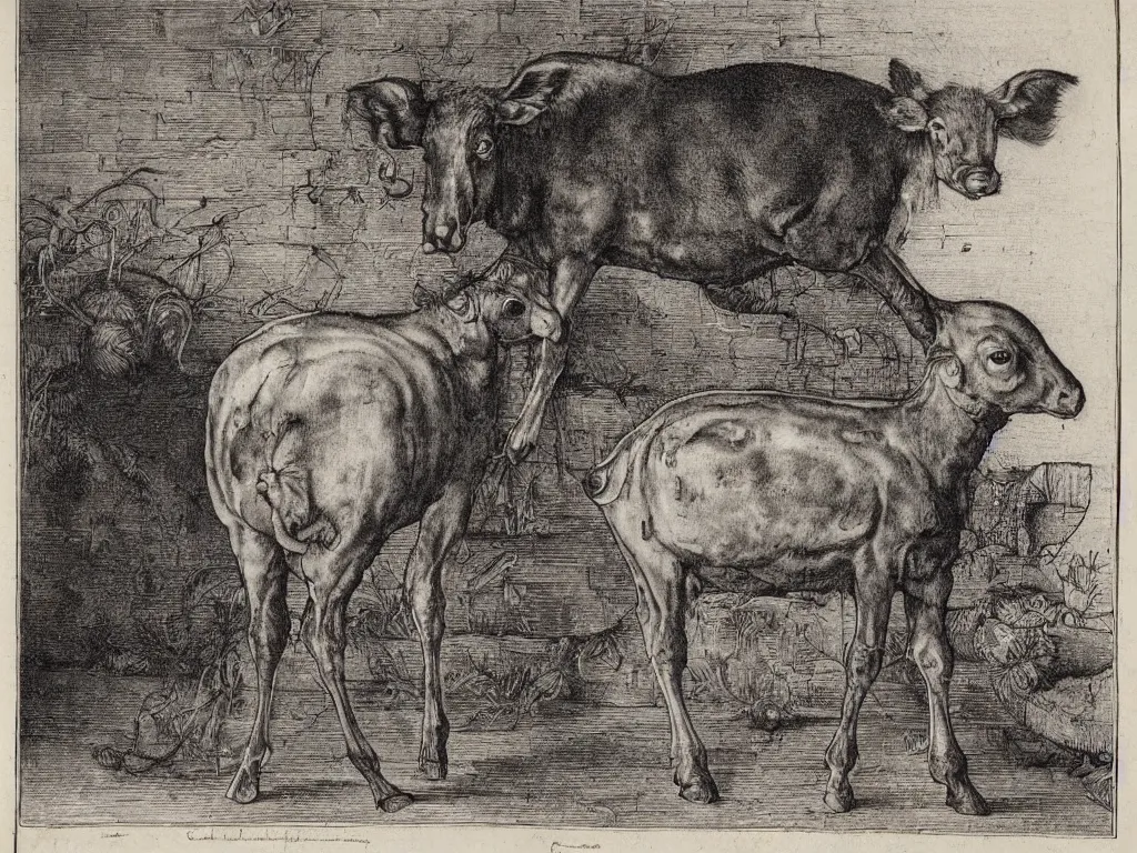 Prompt: portrait of a veal at the slaughterhouse. copper engraving by albrecht durer, walton ford
