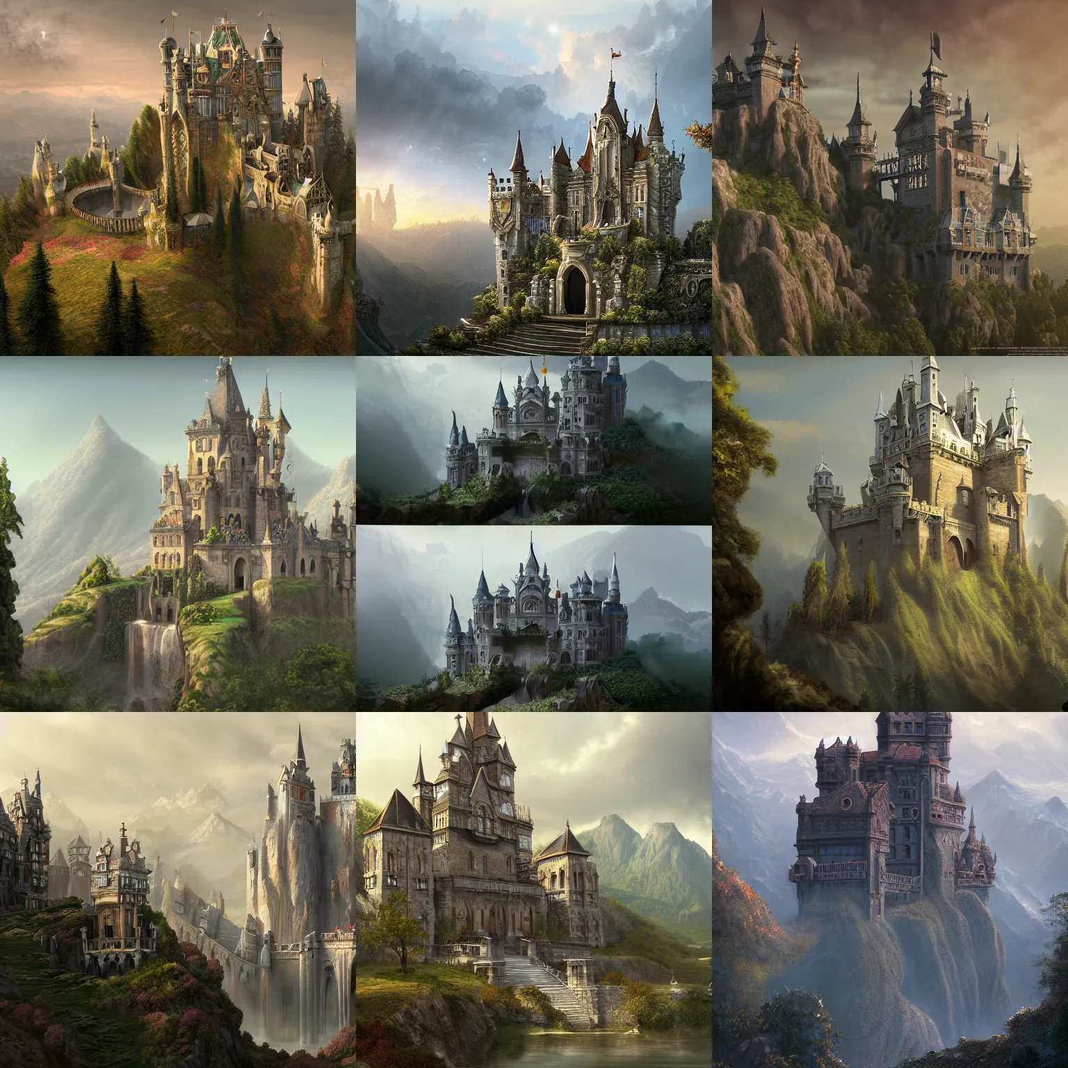 Prompt: Matte painting Landscape. Elaborate elegant castle built on top of a tall peak. Detailed, intricate, HD, 8k, elaborate, detailed digital art trending in artstation