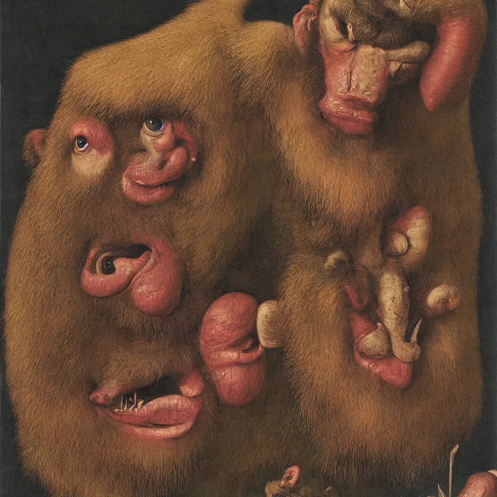 Image similar to close up portrait of a mutant monster creature with colorful mandrill - like nose, baldness, needles portruding through the cheeks, painted forehead, medusae beard. jan van eyck, walton ford