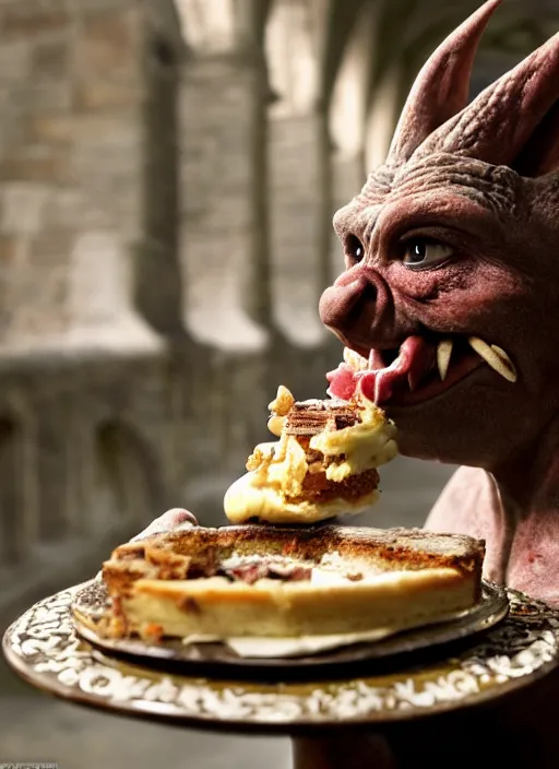 Image similar to closeup portrait of a medieval goblin eating cakes in the cloisters, depth of field, zeiss lens, detailed, symmetrical, centered, fashion photoshoot, by Annie Leibovitz and Steve McCurry, David Lazar, Jimmy Nelsson, Breathtaking, 8k resolution, extremely detailed, beautiful, establishing shot, artistic, hyperrealistic, beautiful face, octane render