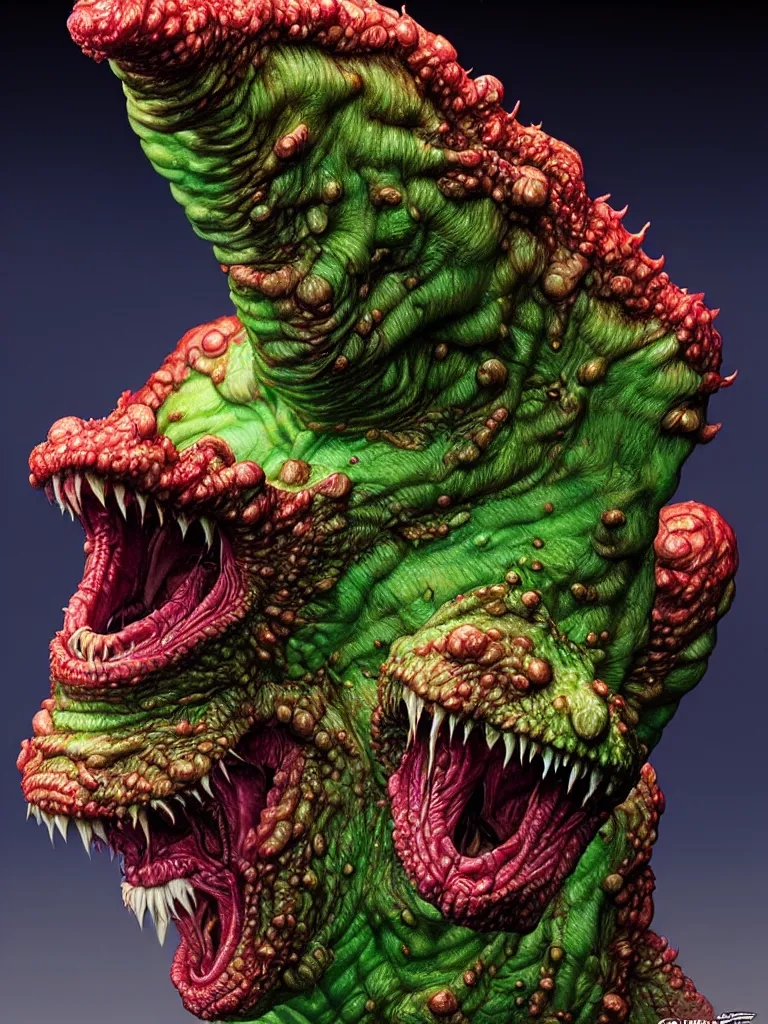 Image similar to hyperrealistic rendering, fat smooth wet cronenberg flesh monster smooth kaiju by art of skinner and richard corben and jeff easley, product photography, action figure, sofubi, studio lighting, colored gels