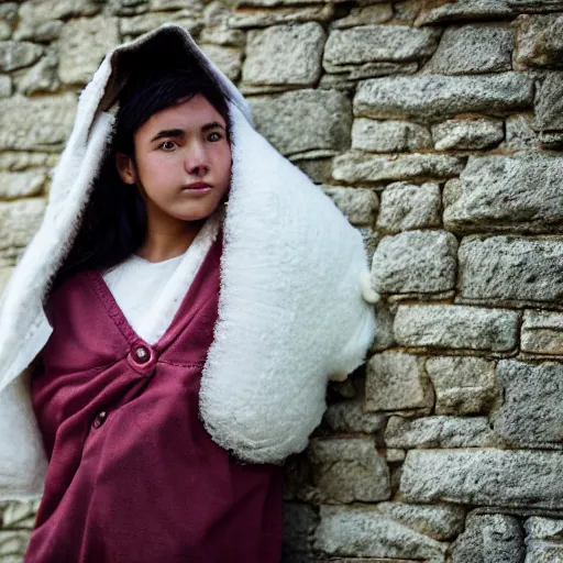 Image similar to portrait, woman, age 2 0, in a sheep costume, outside, stone wall in background, street photography by steve mccurry, 5 0 mm f / 1. 4