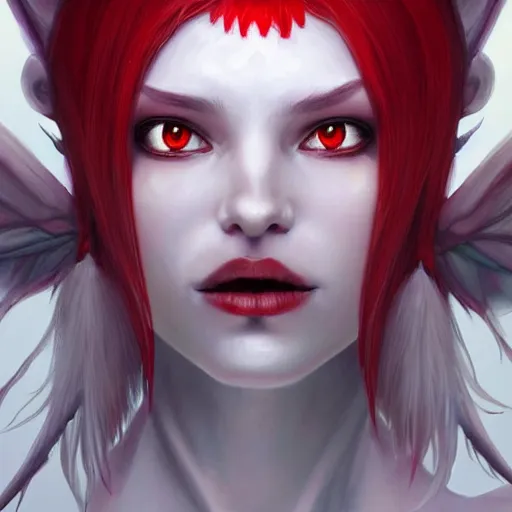 Prompt: ultra realistic illustration, dream humanoid demon girl with white hair, red horns, in white clothes, red eyes, intricate, elegant, highly detailed, digital painting, artstation, concept art, smooth, sharp focus, illustration, art by artgerm and greg rutkowski and alphonse mucha