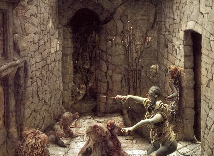 Prompt: jim henson's labyrinth. stone walls. you find a hole in the wall, like someone took a sledge hammer and just kept smashing as they walked forward. by edgar maxence and caravaggio and michael whelan and delacroix style, artistic, intricate painting, cinematic lighting, hyper realistic, extremely detailed, vivid colors, establishing shot, dramatic lighting