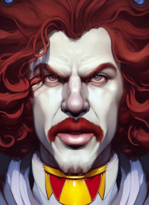 Prompt: close up portrait of ronald mcdonald by artgerm, cushart krenz, greg rutkowski, mucha. art nouveau. gloomhaven, swirly lunar ripples, pale colors, sharp edges. ultra clear detailed. 8 k. elegant, intricate, octane render