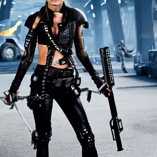 Image similar to full body photo of cara delevingne as a cyberpunk warrior with weapons