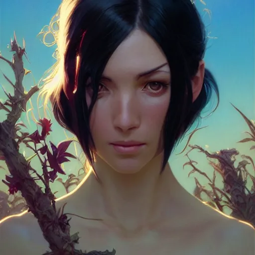 Image similar to highly detailed vfx portrait of nico robin, stephen bliss, greg rutkowski, loish, rhads, beeple, makoto shinkai, tom bagshaw, alphonse mucha, sharp focus, art by artgerm and greg rutkowski, stanley kubrick, backlit, harsh overhead sunlight,