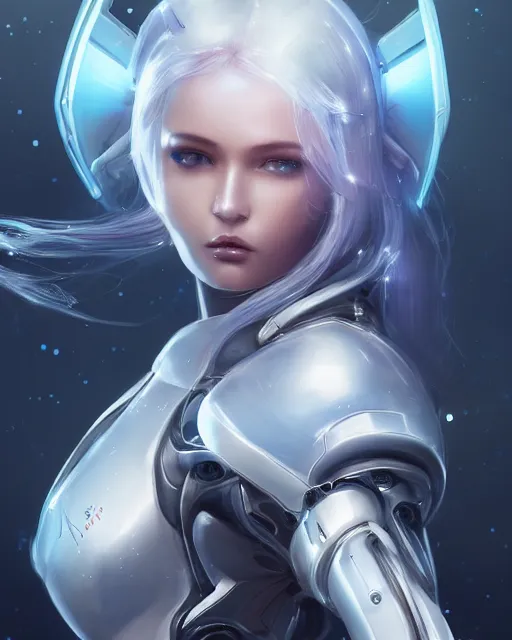 Image similar to perfect android girl on a mothership, warframe armor, beautiful face, scifi, futuristic, galaxy, nebula, raytracing, dreamy, long white hair, blue cyborg eyes, sharp focus, cinematic lighting, highly detailed, artstation, divine, by gauthier leblanc, kazuya takahashi, huifeng huang