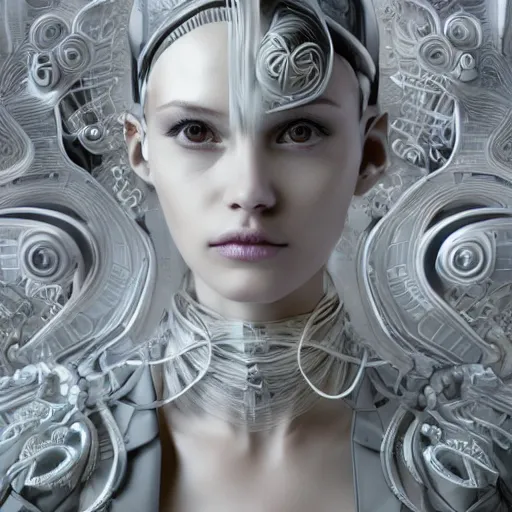 Image similar to closeup portrait of an absurdly beautiful, graceful, sophisticated, fashionable cyberpunk mechanoid gravure idol, ultrafine hyperdetailed illustration by irakli nadar, matt wisniewski style, marvel comics, intricate linework, porcelain skin, neon jellyfish headdress, ivory carved ruff, unreal engine 5 highly rendered, global illumination, radiant light, detailed and intricate environment