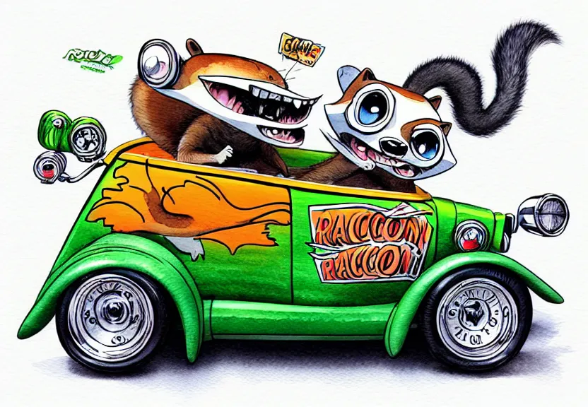 Image similar to cute and funny, racoon riding in a tiny hot rod coupe with oversized engine, ratfink style by ed roth, centered award winning watercolor pen illustration, isometric illustration by chihiro iwasaki, edited by range murata